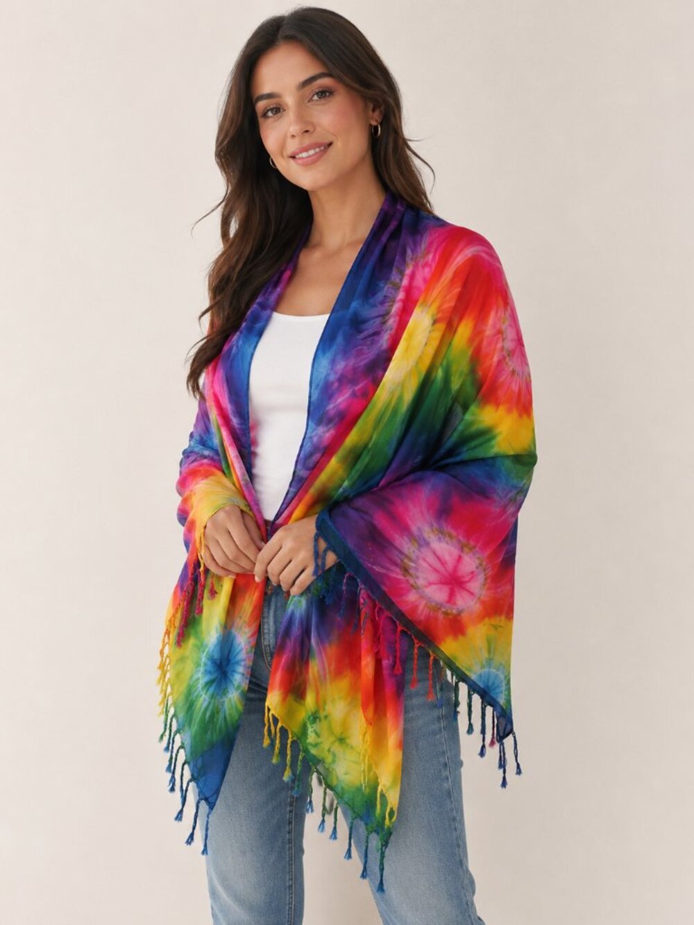 Pareos Del Mar Rainbow Tie Dye Fringe Scarf Shawl Wrap One Size